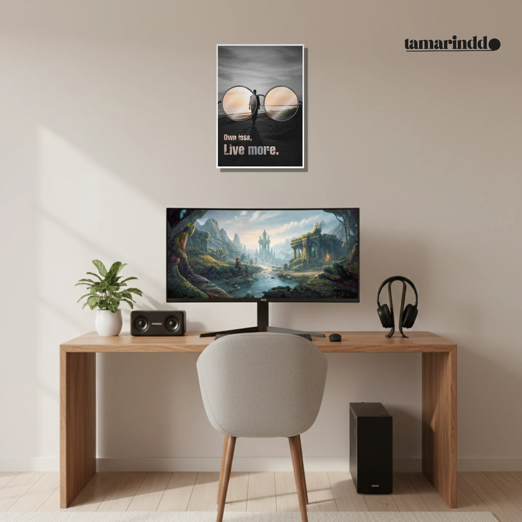 Own Less Live More minimalist living quote poster for simple living