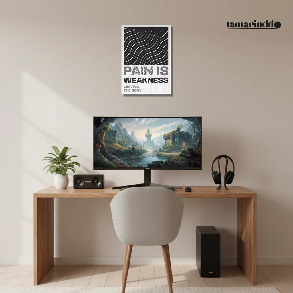 Pain Is Weakness Leaving the Body motivational gym poster with bold typography on premium matte paper