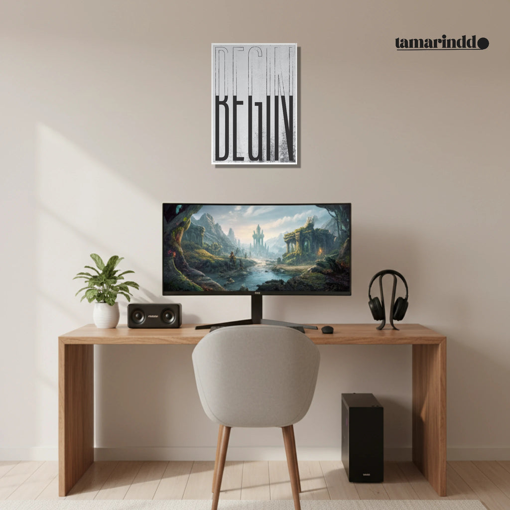 BEGIN minimal motivational poster with bold single word typography