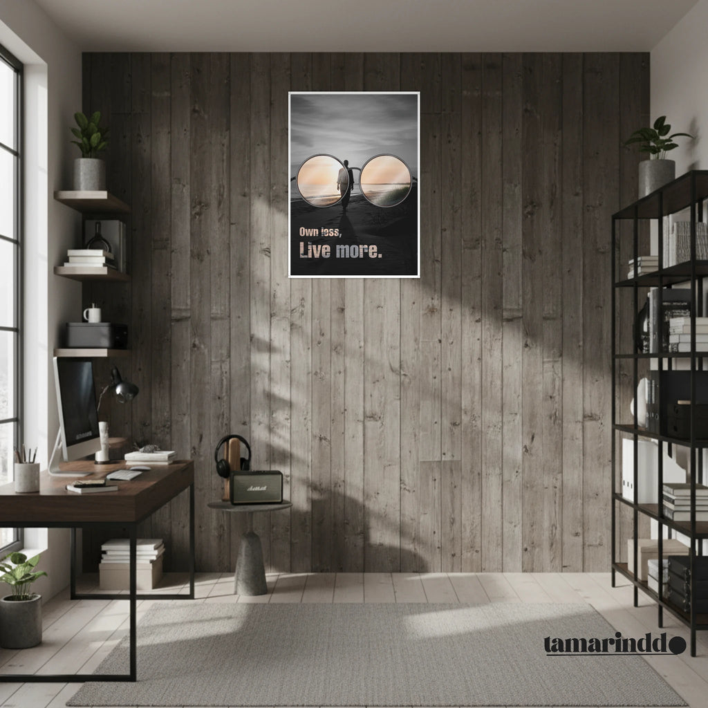 Own Less Live More minimalist living quote poster for simple living